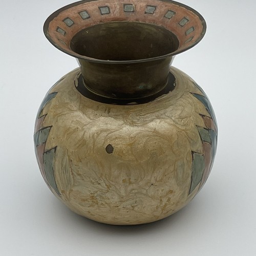 Vtg Short decorated brass vase enamel geometric tribal art - Bild 3 von 10