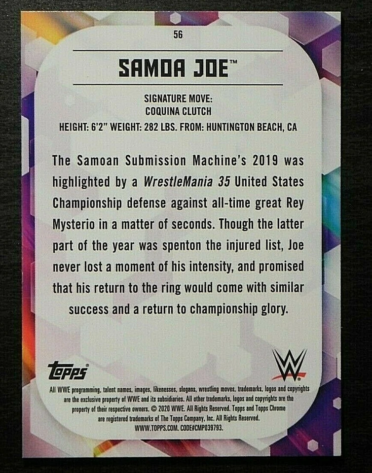 2020 Topps Chrome WWE BASE CARD #56 Samoa Joe RAW - Image 2 of 2