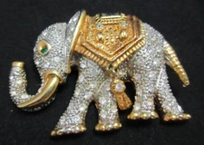 Large Vintage Caravan Elephant Brooch Pin Silver/Gold Tones Clear Rhinestones