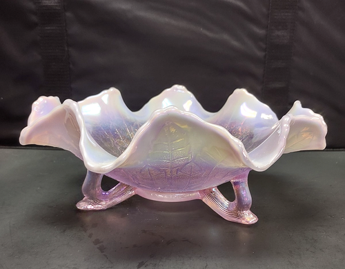 2005 Fenton Leaf Tiers Lavender Opalescent Footed Ruffled Glass Bowl 100 Years