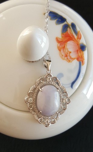 Genuine Large Lavender 8.4ct Jadeite Jade(Type A) 925 Silver Pendant with Chain - Foto 2 di 12