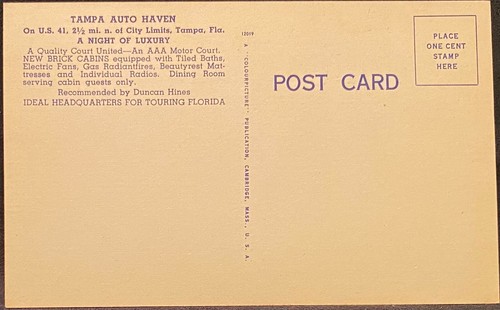 Cartolina Tampa FL Tampa Auto Haven Motor Court cottage in mattoni lungo la strada di lino - Foto 2 di 2