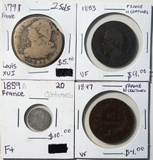 France Coin Lot: 1971 - 2 Sols, 1853 & 1897 - 10 Centimes & 1859-A - 20 Centimes