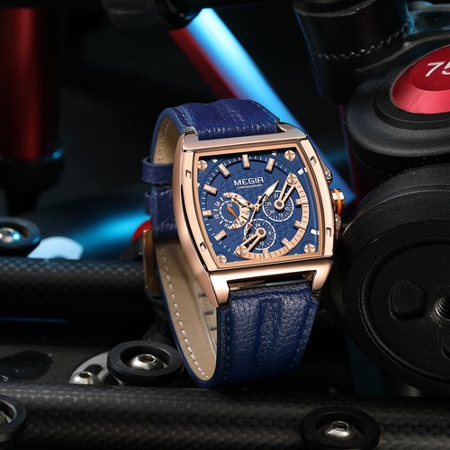 Megir Men's Genuine Leather Quartz Watch Chronograph Casual Square Wrist Watch - Picture 3 of 14