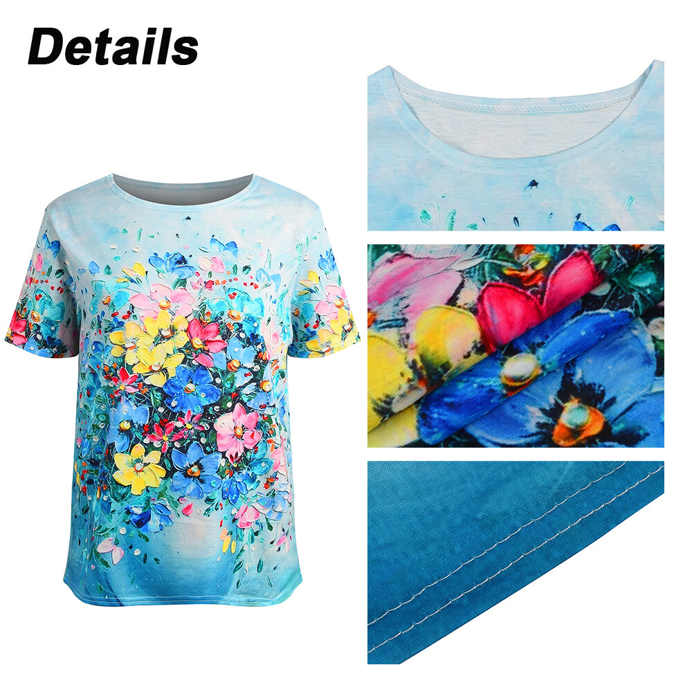Ladies Short Sleeve Floral Casual Round Neck Printed Tshirts Womens