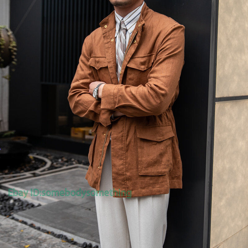Mens 100% Linen Vintage Hunting Jacket British Thin Mens 100% Linen Vintage Hunting Jacket British Thin