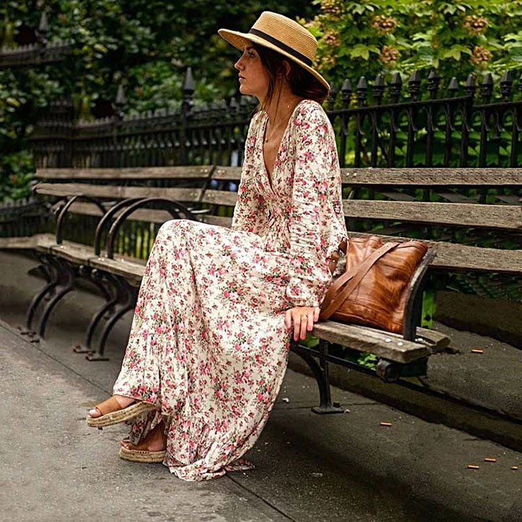 Wholesale S-3XL Women Bohemia V-neck Floral Print Maxi Dress