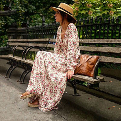 Women Casual Floral Dress Long Sleeve Bohemian BOHO Beach V neck long  dresses | eBay