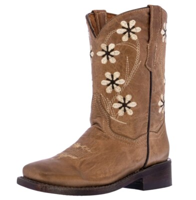Girls Kids Full Almond Flower Floral Embroidery Leather Cowboy Boots Square Toe