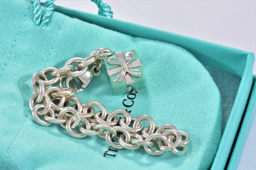 Tiffany & Co Sterling Silver Blue Enamel Gift Box Charm Bracelet & Pouch Present - Picture 8 of 10