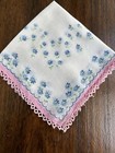 Vintage Handkerchief Hankie Tiny Blue Daisies Pink Tatted Edges
