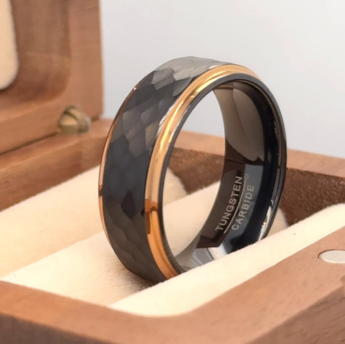 Personalized Hammered Black Tungsten Wedding Ring Men's Engagement Band Rings - Picture 4 of 6