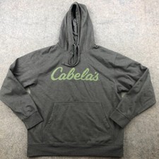 Cabelas Hoodie Mens Medium Gray Green Fleece Spell Out Outdoors Sweatshirt