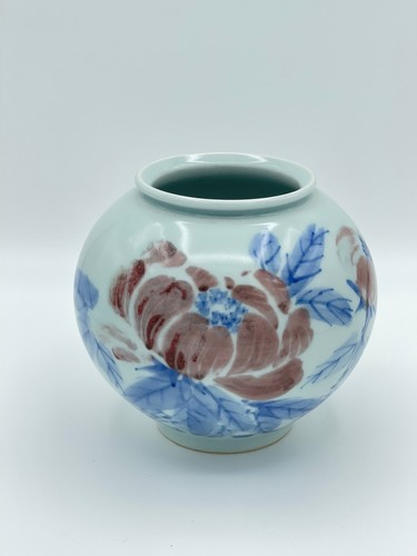 Jarrón de porcelana de estudio japonés pintado a mano - motivo de flor de peonía rosa y azul, - Imagen 3 de 8