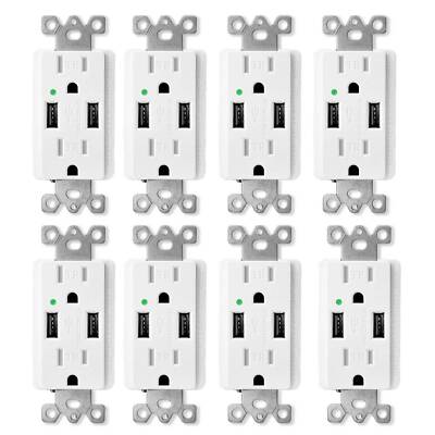 8Pack Dual USB Wall Outlet Tamper-Resistant 15Amp Power Socket Charger 2 Outlets