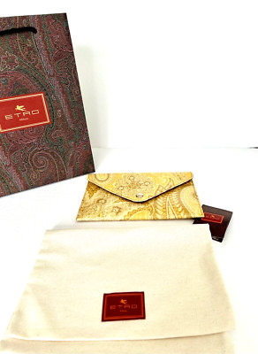 Etro Pouch Envelope Clutch Makeup Bag Yellow Etro Print Coated Fabric NWT