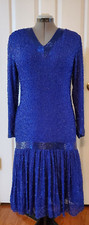 Vintage Judith Ann Creations Women's Royal Blue 100 Silk Beaded Dress Size M