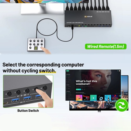 Commutateur KVM HDMI 10 Ports 4K@60Hz Simulation EDID USB3.0 pour 10 PC Partager 1 Moniteur - Photo 6/23