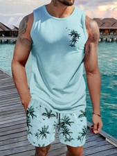 Men Summer Outfit 2-Piece Set Sleeveless Shirt and Shorts Sweatsuit Set
