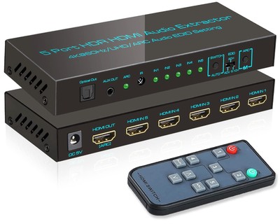 (Newest Version) SkycropHD 5 Port 4K HDMI Switch with Optical & 3.5mm AUX Aud...
