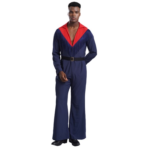 Mens Rock Disco Costume Long Sleeves High Rise Jumpsuit Zipper Outfits with Belt - Picture 14 of 52