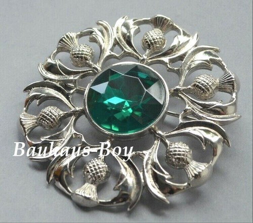 Art Pewter PLAID BROOCH MULTI THISTLE FAUX EMERALD GREEN STONE MADE IN SCOTLAND - Picture 5 of 11
