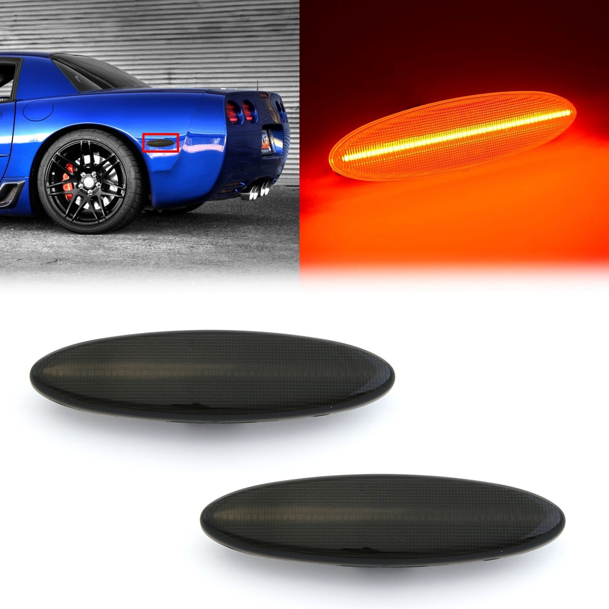 Red LED Rear Side Marker Lights For 1997-2004 Chevy Corvette C5 - Plug & Play, DOT/SAE Certified