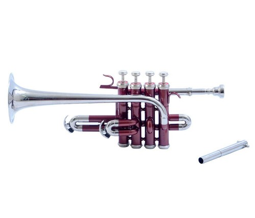 Pro Piccolo Bb KEYS TRUMPET FREE HARD CASE & MOUTHPIECE-Red And Silver - Picture 4 of 4