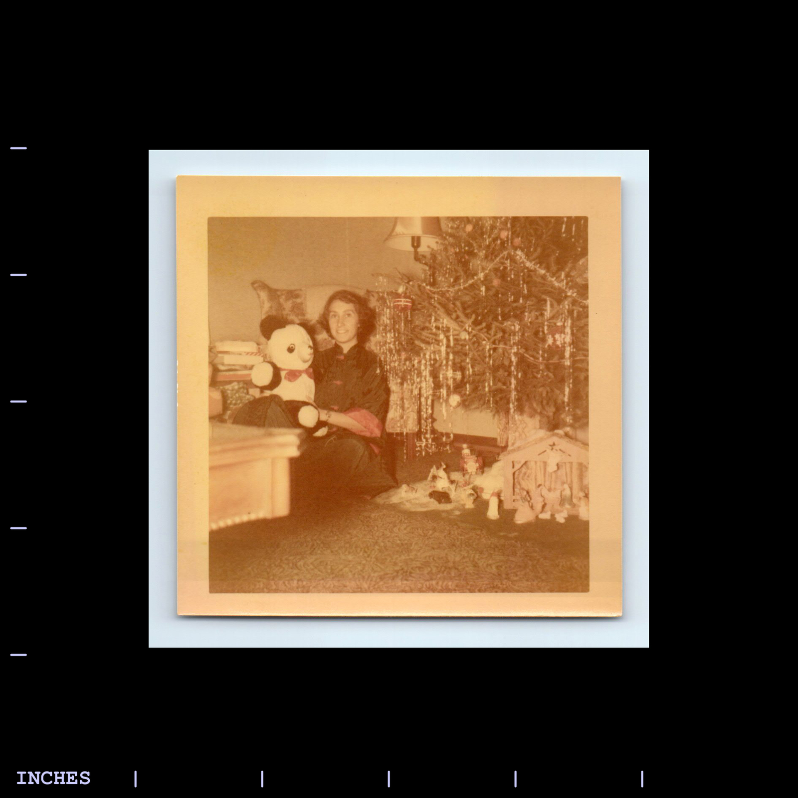 Square Color Photo WOMAN WITH STUFFED ANIMAL NATIVITY SCENE CHRISTMAS TREE