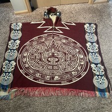 Aztec Calendar Alpaca Wool Poncho,Unisex One Size. Made In Ecuador 