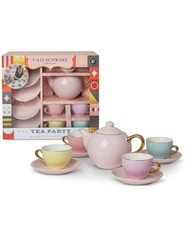 FAO SCHWARZ 9 Piece Kids Tea Party Set Ceramic Solid Pastel Pink Blue Yellow