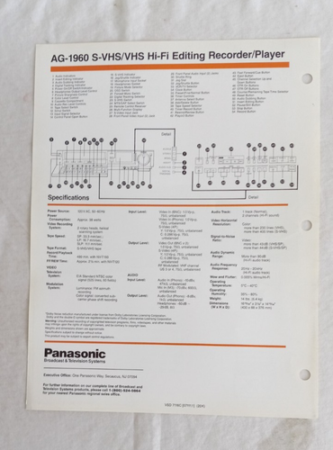 Original Panasonic AG-1960 S-VHS HI-FI Editing VCR Color Brochure with Specs - Picture 2 of 2
