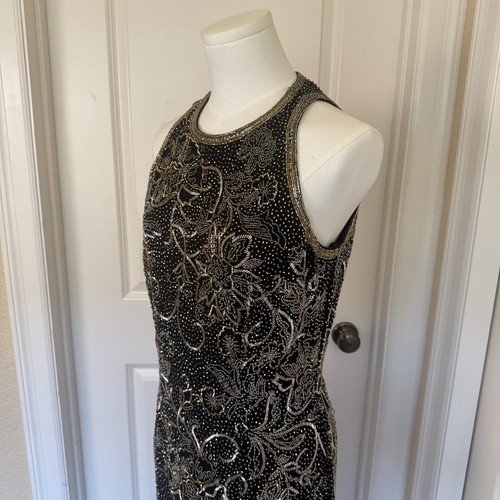Vestido Negro Corbata Oleg Cassini 100% Seda Pesado Negro y Dorado Cuentas Talla 8 - Imagen 6 de 12