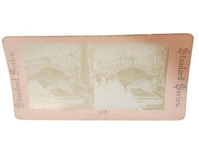 Antique Stereoscopic Card Featuring Rialto Bridge Venice Italy Standard Series