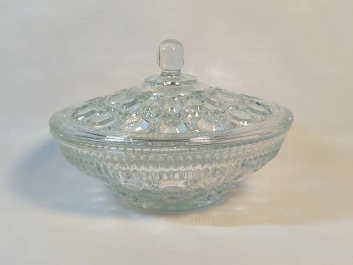 Vtg Candy Dish With Lid Round Button Federal Glass Windsor MCM Trinket Dish 7.5”