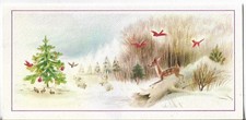 Tarjeta de felicitación de NAVIDAD de colección 6,75 x 3,25 ciervos saltando sobre tronco pájaros rojos conejos