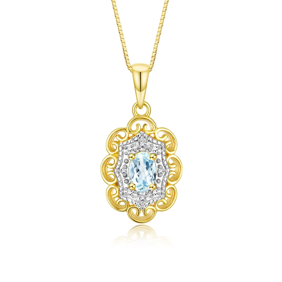 RYLOS 925 YELLOW GOLD PLATED SILVER AQUAMARINE & DIAMOND MATCHING SET SZ 5-10 - Image 2 of 4