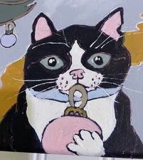 Maria Avila Original Acrylic Painting “Christmas Cat” 8x10” Canvas, Unframed