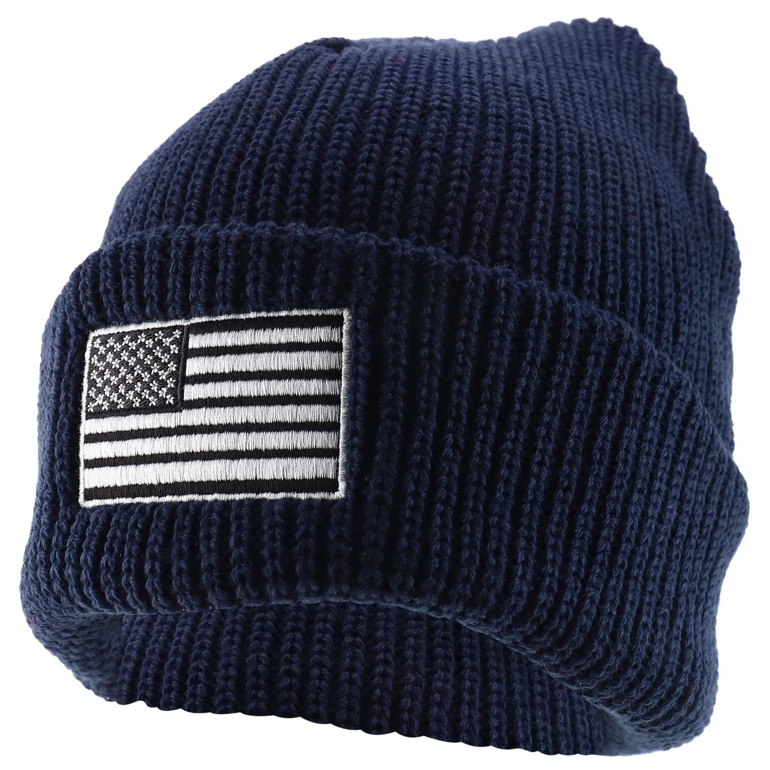 XXL Grey American Flag Embroidered Beanie Cap - Oversized Ribbed Knit Hat