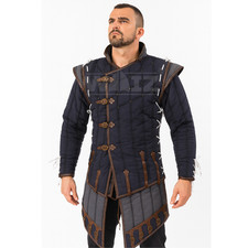 Medieval Quilted Gambeson   Navy Blue Padded Armor Coat with Leather Straps