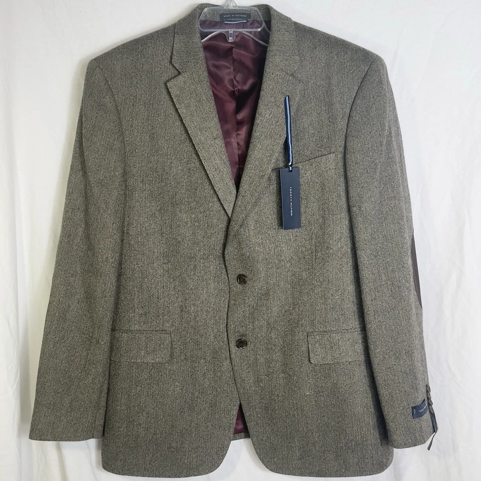 Мужской блейзер Tommy Hilfiger из шерстяной смеси 44R оливково-зеленые нашивки в елочку на локти - Изображение 2 из 4