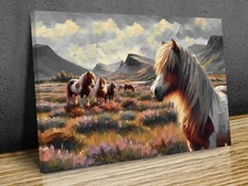 Shetland Ponies modern Art red tones  mounted canvas print art ready to hang