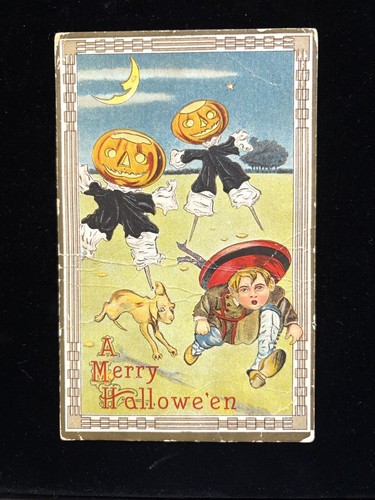 1916 USED EMBOSSED HALLOWEEN POST CARD PUMPKIN SCARECROWS CHASING BOY & HIS DOG