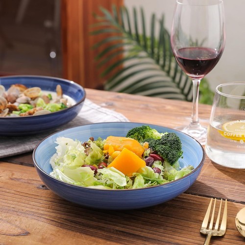 Blue Ceramic 16-Pieces Dinnerware Plates & Bowls Set for 4 with Spray Black Dots - Picture 6 of 7