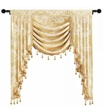 ELKCA Golden Jacquard Single Swag Waterfall Valance for Living Room Damask Curta