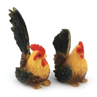 Puppenhaus Miniatur Schwarze Und Gelbe Henne Und Hahn Set