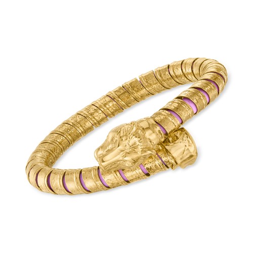 IT 18k Gold Plate &amp;amp; Purple Rubber Panther Head Flexible Cuff Brclt 7 inches