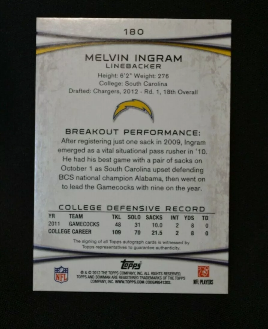 2012 Bowman Football Rookie Autograph #180 Melvin Ingram San Diego Chargers