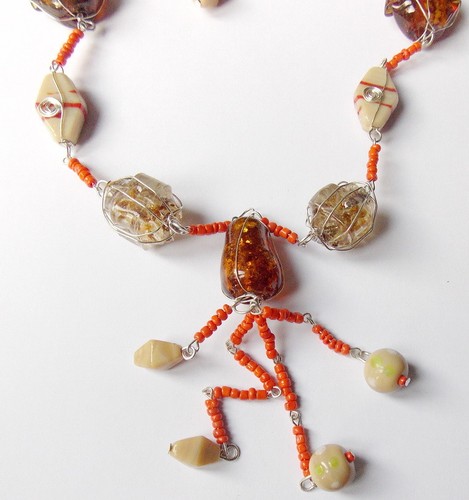 COLLIER FANTAISIE FABRICATION ARTISANALE perles VERRE ET MURANO DORIMENE CORAIL - Picture 2 of 2