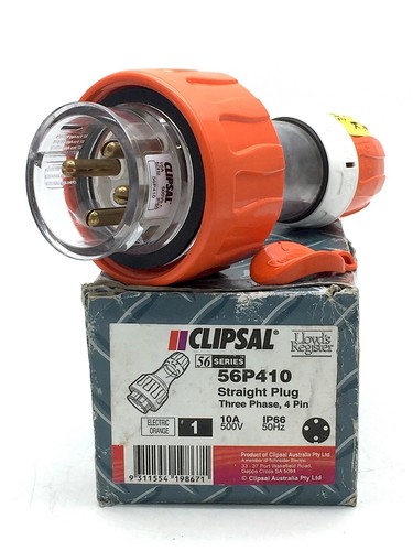 CLIPSAL Straight Plug 56P410 Three Phase 4 Pin 10A 500V 50Hz IP66 Electic Orange - Picture 2 of 8